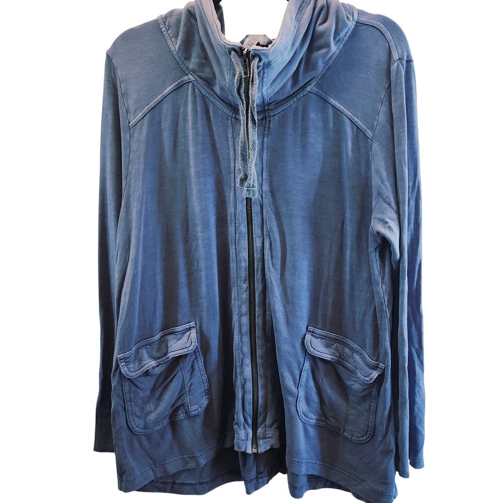 Soma Womens SZ Large Distressed Blue Hoodie Zip Front Raw Hems Relaxed Fit